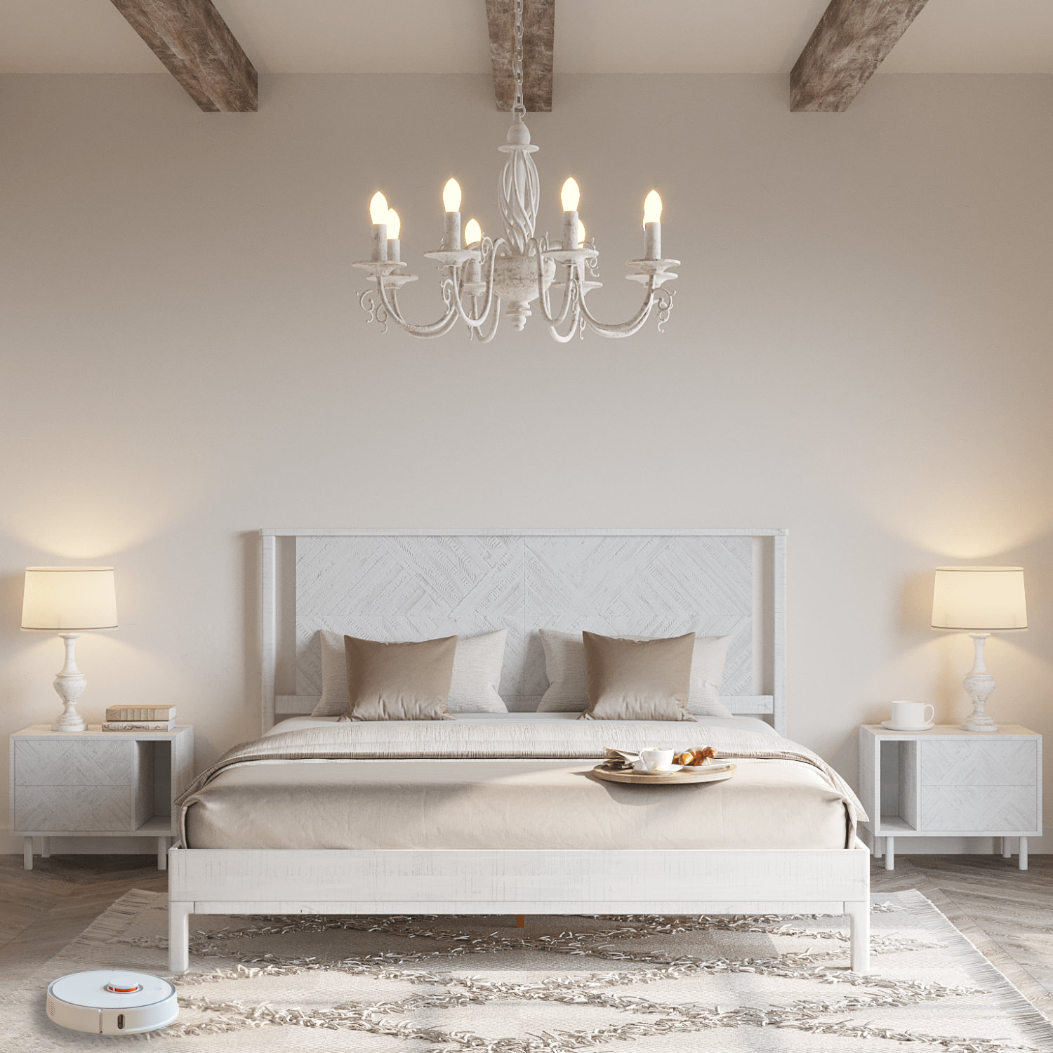 Ethan Solid Wood Platform Bed with Headboard, Rustic Bed Frame Foundry Select Color: Rustic White Size: King, image size:1500x1500