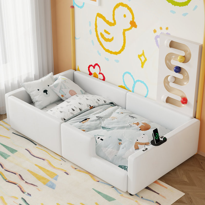 Lit plateforme simple tapissier avec garde-corps et station de charge, blanc