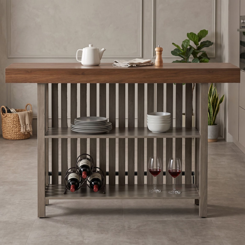 Table de bar multifonctionnelle à hauteur de comptoir avec rangement pour le vin à 2 niveaux et repose-pieds, Brun gris
