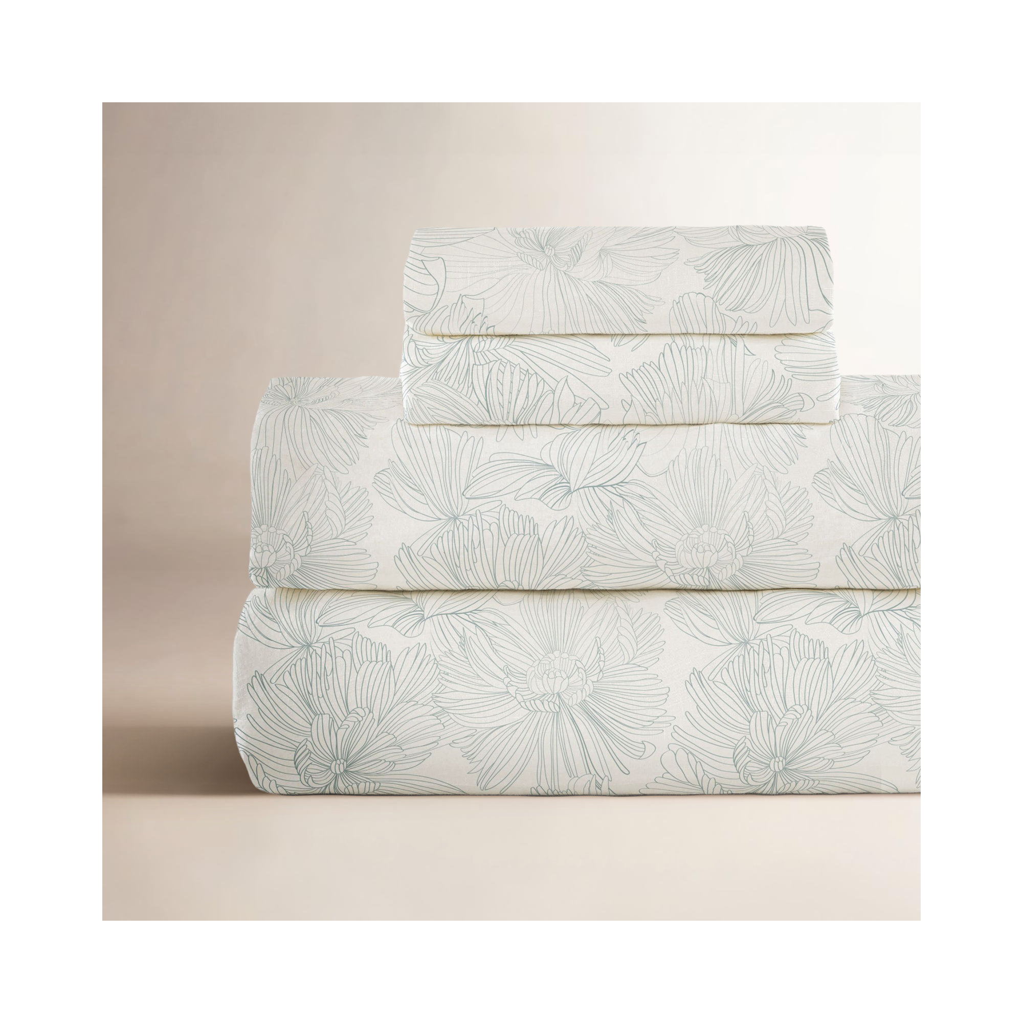 100% French Linen Sheet Set, King Sheet Set with 2 Pillowcases, Cream/Wave Floral