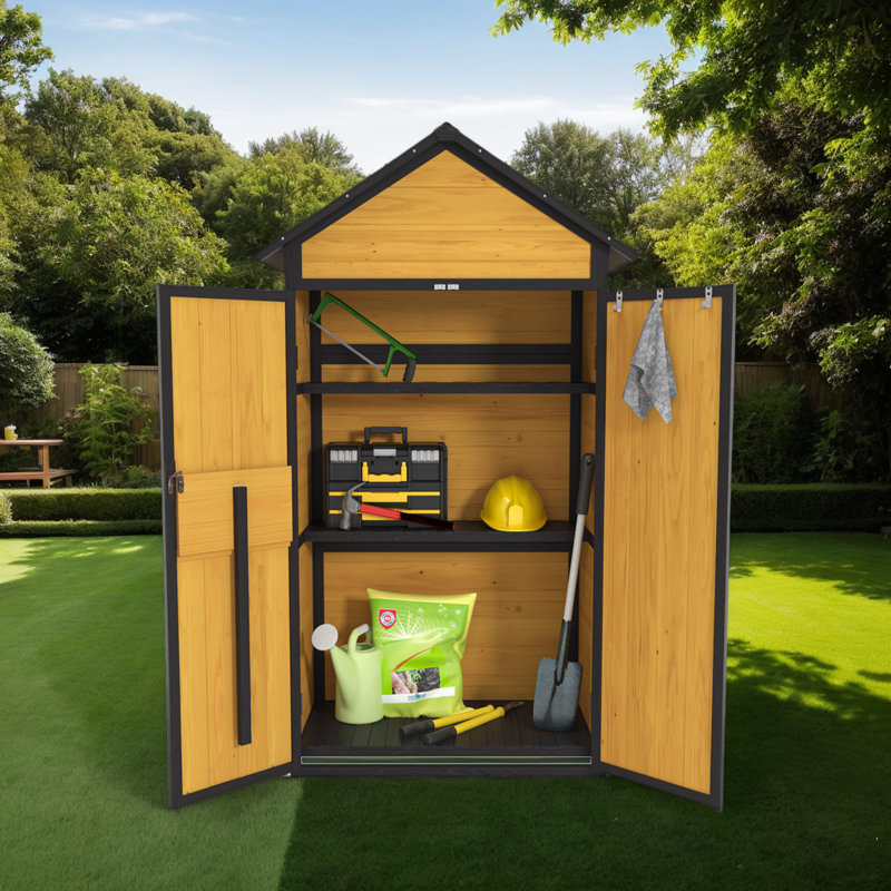 Weatherproof Wood Outdoor Storage Cabinet with Waterproof Roof, Lockable Doors & Foldable Table