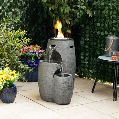 WTO120 Grey Tiered Fire And Water Fountain With Adjustable Flame And Led Lights, 27" Tall, Fire Pit And Water Feature For Outdoor Living