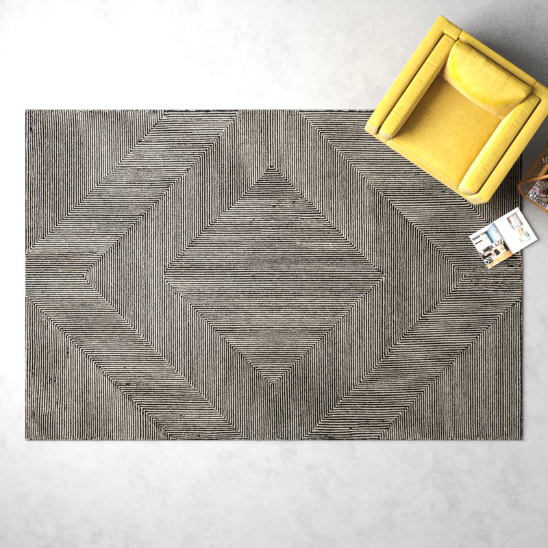 Peeta Geometric Handmade Tufted Wool Black/Cream Area Rug, Rectangle 8' x 10'