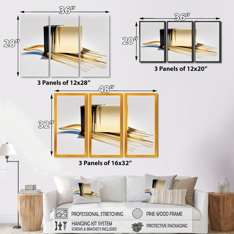 «Black and Gold Cubic Expression» - ensemble d'art mural moderne sur toile, H 28 po x l 36 po x P 1 po, Encadrement doré