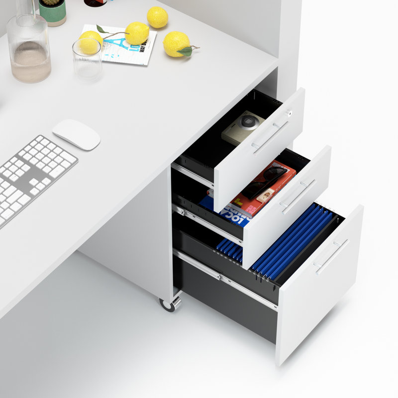 Bureau de réception rectangulaire moderne avec armoire verrouillable, H 45,28 po x l 59,06 po x P 33,46 po, White