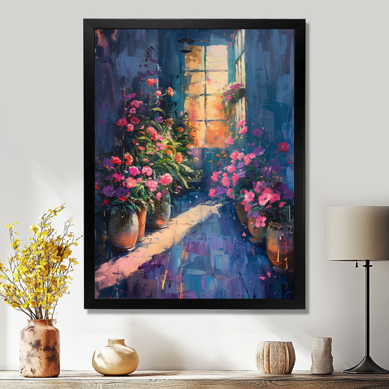 «Pink Green Greenhouse Glamour», art mural de serre, H 12 po x l 20 po, Cadre pour photo simple noir, bois massif