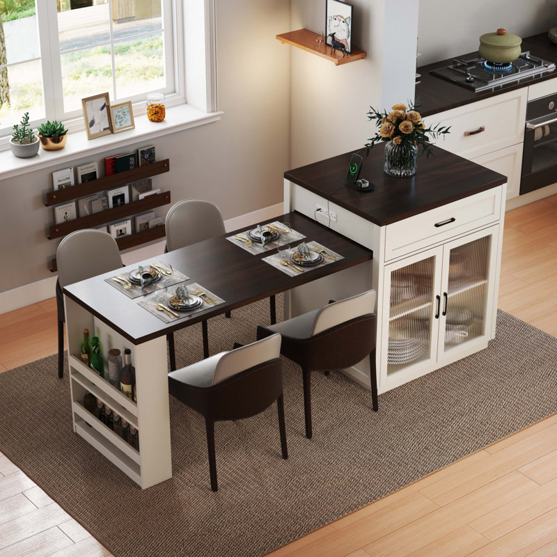Îlot de cuisine 83,1 po avec table coulissante et supports de rangement pour 2 à 6 personnes, îlot de cuisine avec portes en verre trempé
