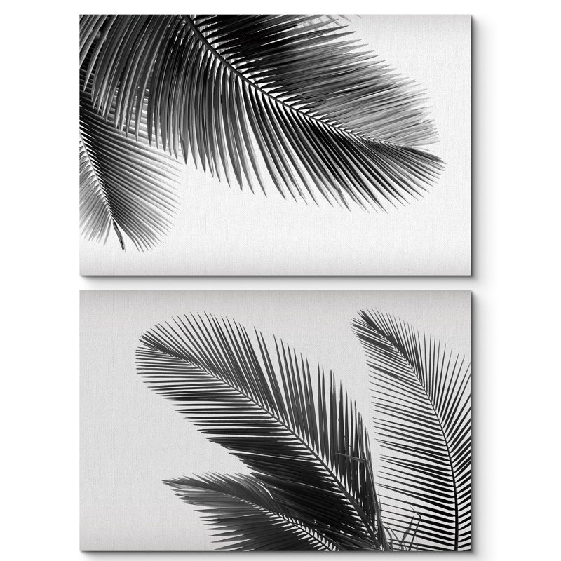 Feuille de palmier botanique sauvage noir et blanc Minimal - 2 pièces, Toile tendue, H 24 po x l 36 po