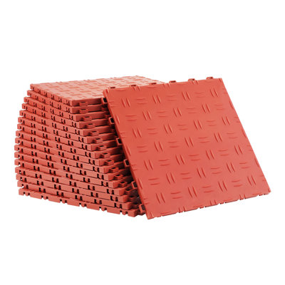 50-Pack Red Interlocking Garage Floor Tiles - Heavy Duty Non-Slip Diamond Plate Flooring for Garages, Basements & Workshops