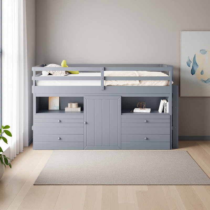 Lit mezzanine simple avec 4 tiroirs, sous l'armoire et les tablettes, Gris