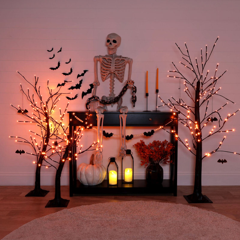 Set of 3 Black Halloween Trees with Orange LED Lights