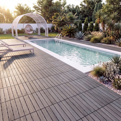 Interlocking Deck Tiles Striped Pattern, 12" x 12" Square Light Gray Acacia Hardwood