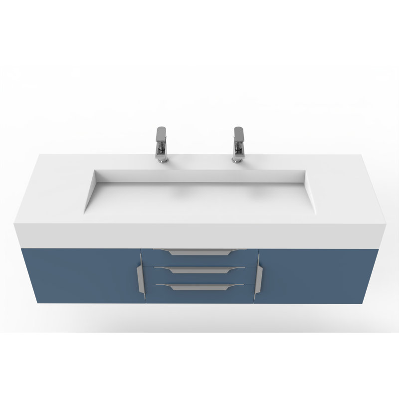 Nile 60" Wall-Mounted Single Bathroom Vanity Set, White, Blue, Brushed Nickel