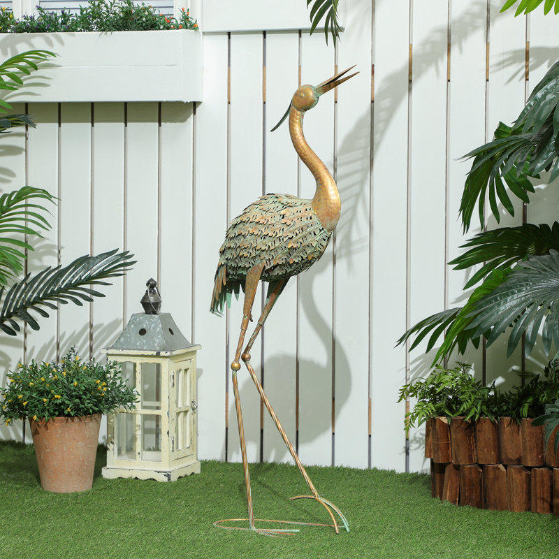 Statue de jardin héron, statue d'oiseau en acier pour la pelouse, couleur mixte
