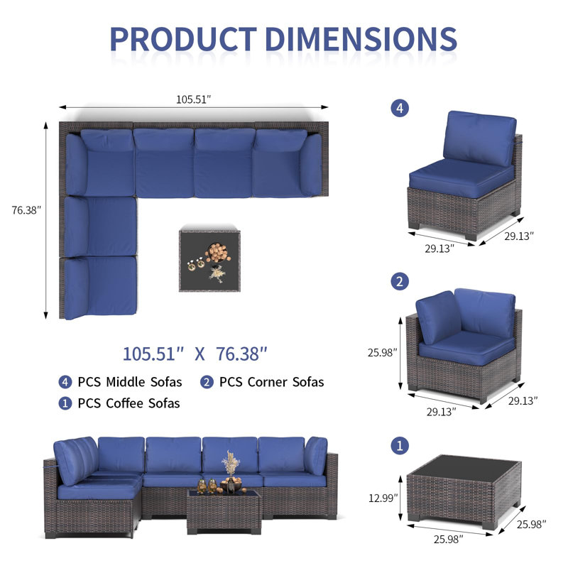 Ensemble de meubles d'extérieur en rotin 7 pièces avec coussins moelleux détachables, Bleu, Brun