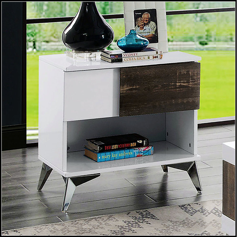 Table de bout moderne et moderne avec finition blanche et chêne, tablette ouverte, tiroir, pieds en acier, conception à deux tons, finition brillante, panneau en bois