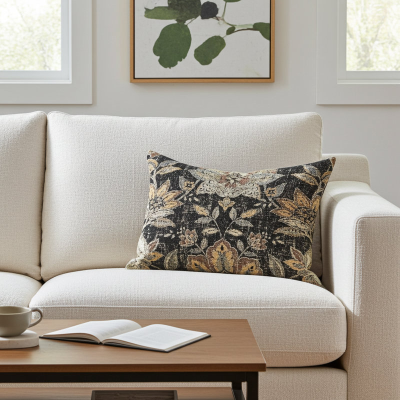 Oreiller luxueux en fleur de Lotus noir, 12 po x 25 po, Coussin lombaire
