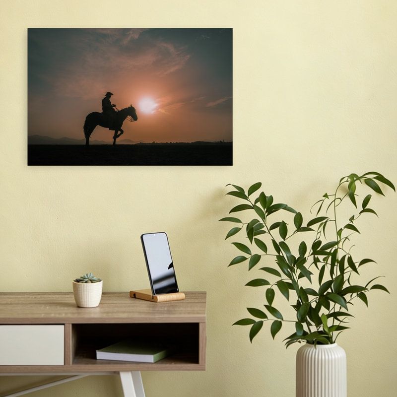 Tableau mural Western Cavalier Coucher de soleil spectaculaire et paisible, paysage rustique avec chevaux et nature