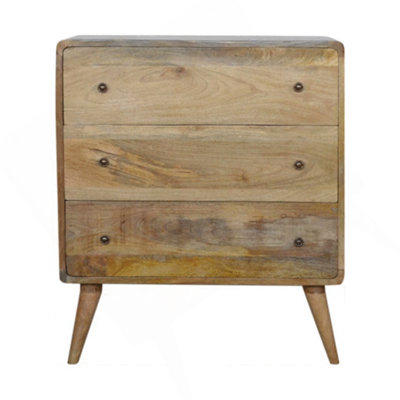 Commode courbée en chêne-ish, 3 tiroirs, pieds nordiques, brun clair