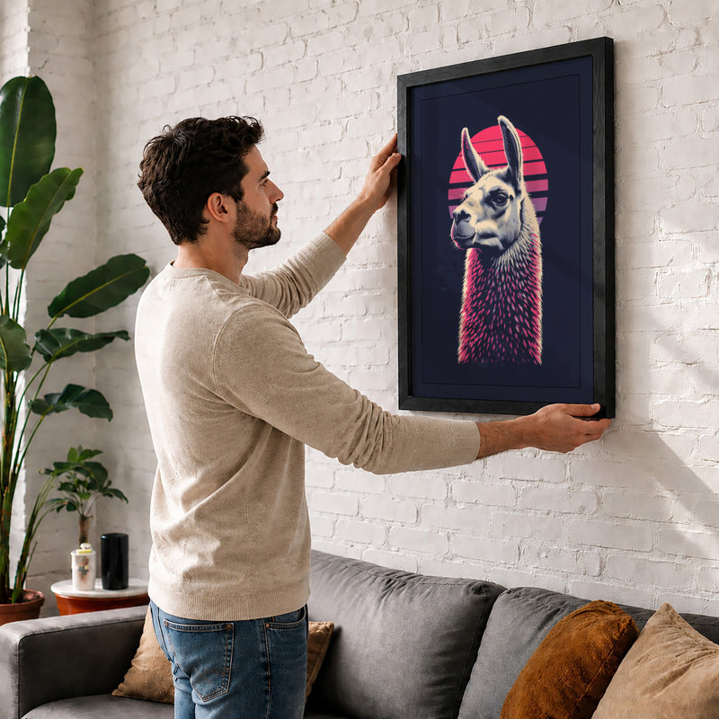 Llama Geometric Gaze Modern - Framed Print, A4 - 29.7 x 21.0 cm, White
