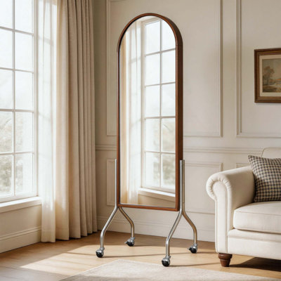 Miroir arqué pleine longueur avec tablettes et roulettes de rangement, miroir de plancher à cadre en bois d'hévéa, miroir roulant autoportant avec chariot, miroir 2-en-1 et bibliothèque pour le salon de la chambre à coucher