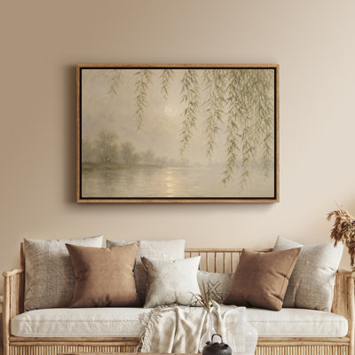 Framed Canvas Wall Art - Misty Willow Tree River Landscape with Soft Neutral Tones - 24"x36"