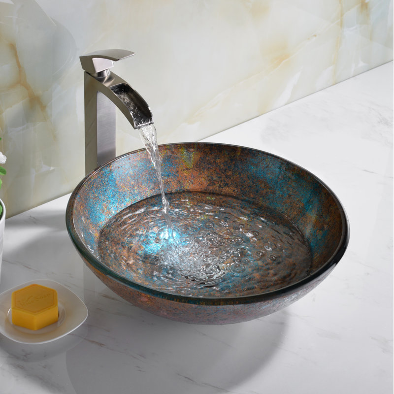 ANZZI Stellar Series 16.5'' Tempered Glass Circular Bathroom Sink, Emerald Burst