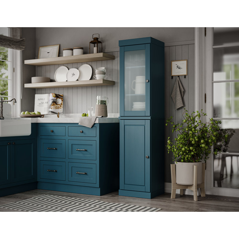 Garde-manger Jaylena 100% bois massif 16,5 po avec portes en verre massif dépoli et tablettes réglables, Bleu sarcelle