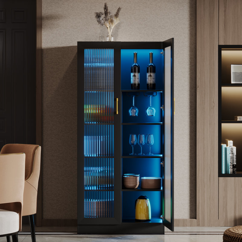65" H 5-Tier Display Cabinet, Antique Display Cabinet, Three-Color Led Strip With Sensor, Black