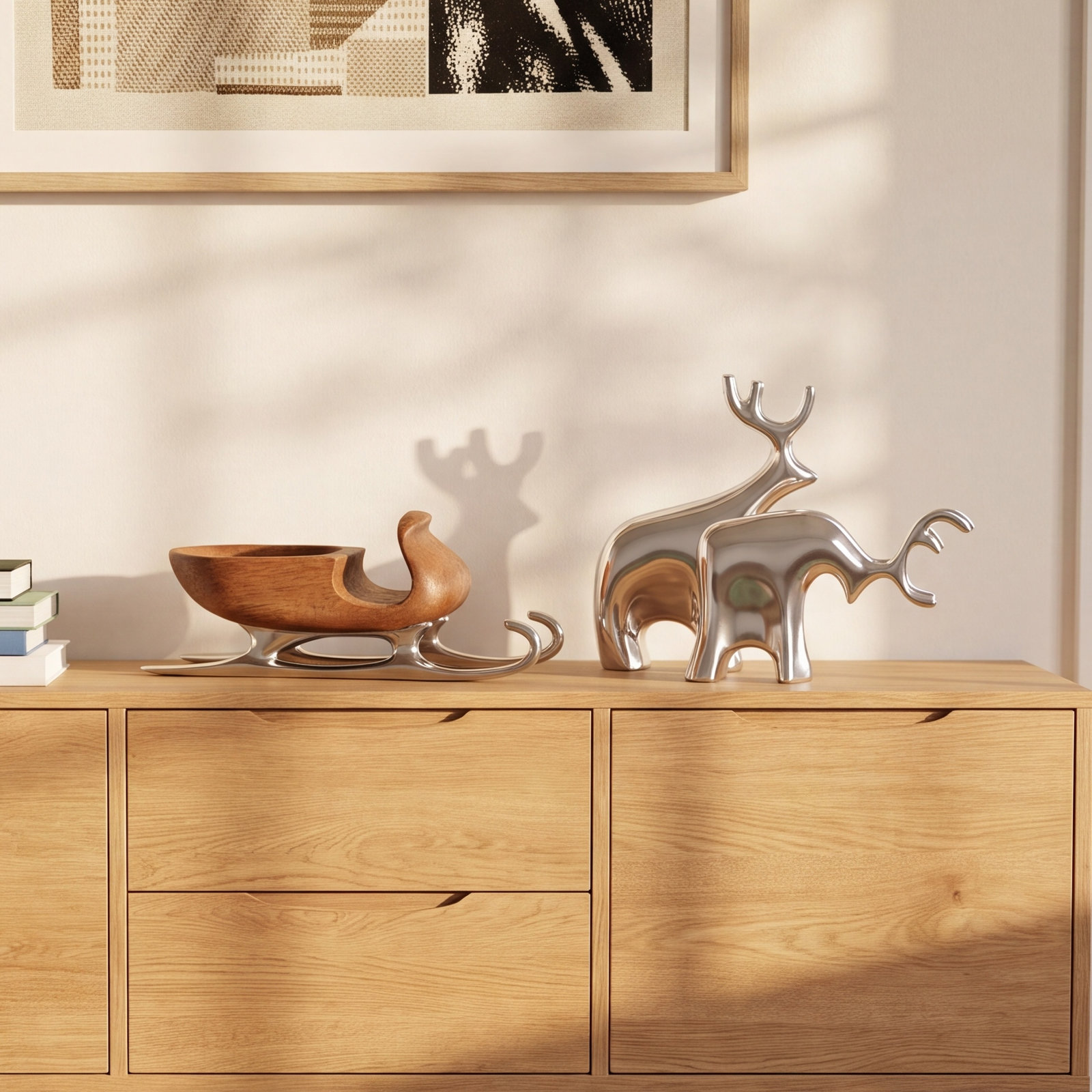 Alloy and Wood 3-Piece Sleigh and Reindeer Set