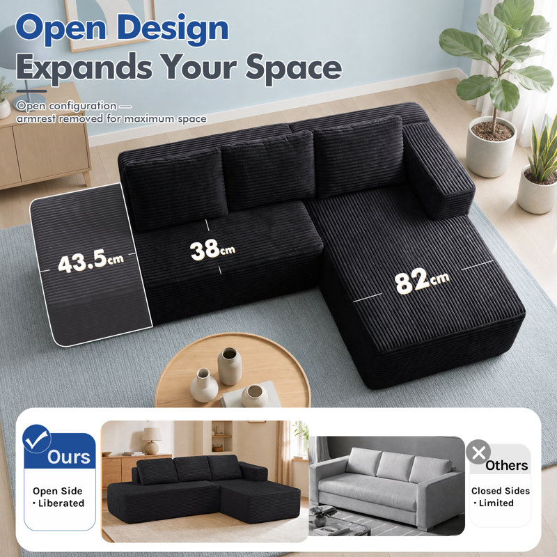 3 Seater Corduroy Sectional, Black
