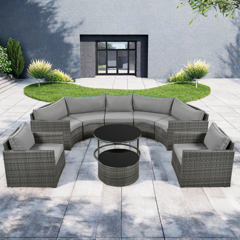 Brusnice 9-pieces Outdoor Half-moon Wicker Patio Sofa Set With 1 Nesting Coffee Table And Tempered Glass Top