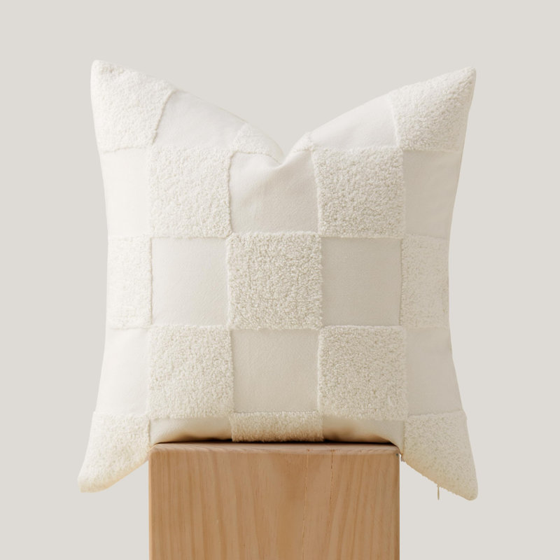 Double Stitch 100% Cotton Checkered Tufted Boho Decorative Throw Pillow Covers, Cream