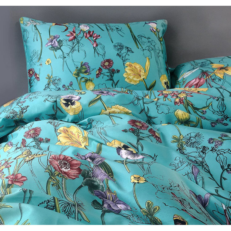 Cotton Sateen Floral Duvet Cover, King Duvet Cover + 2 Pillow Cases