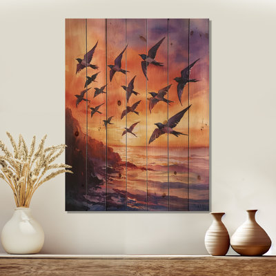 Lavande, hirondelles, oiseaux au coucher du soleil I - impression sur bois d'oiseau - sur bois de pin naturel