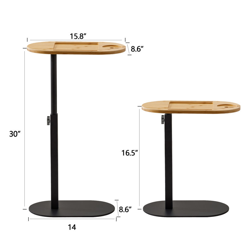Table d'appoint en bambou avec plateau réglable et base en métal, Noir/naturel