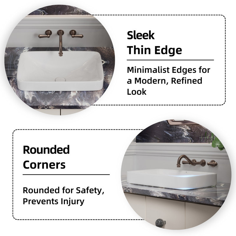 Glossy White Ceramic Rectangular Drop-In Bathroom Sink
