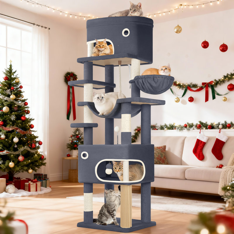 Arbre à chat 79,9 pouces pour chats d'intérieur, poteau à griffes multicouches avec grande plateforme, 2 grottes, 7 poteaux en sisal, pompons, panier à chat, hamac, convient aux chats, gris foncé