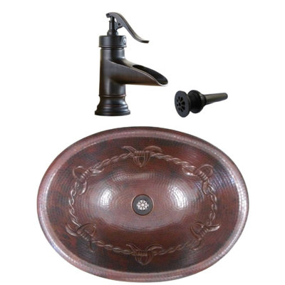 19" Oval Copper Bath Sink Barb Wire Desing, 7" Pump Faucet Included