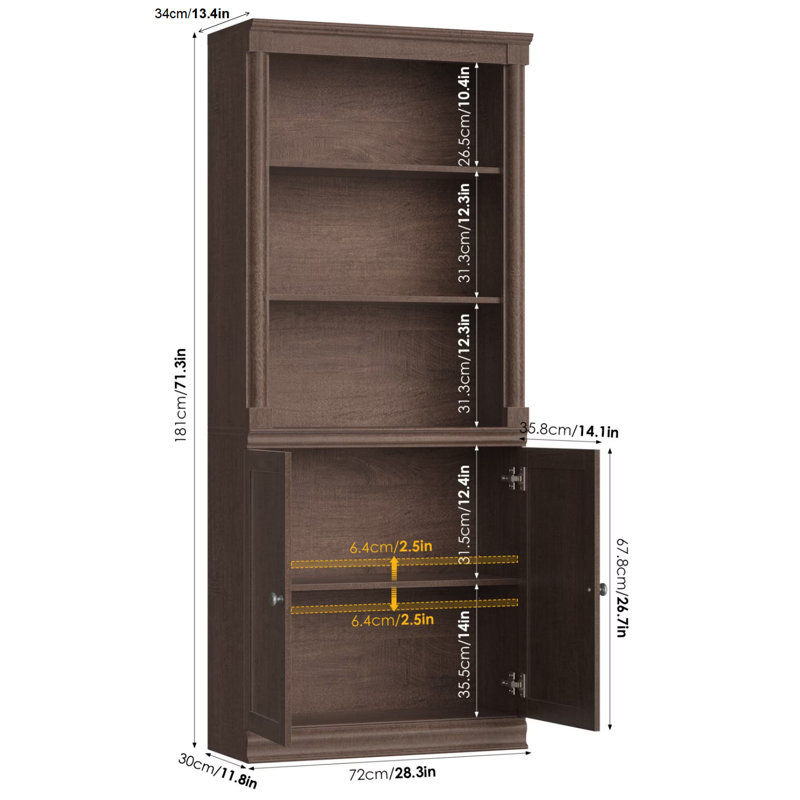 Bibliothèque standard avec rangement H 71 ", Noyer