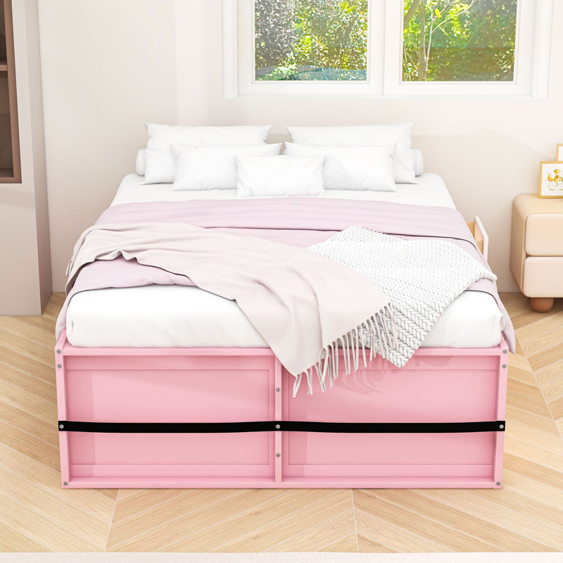 Lit plateforme en bois avec tablettes, lumière et tiroir, Grand lit, Rose/Blanc