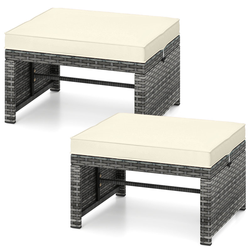 Ensemble de 2 repose-pieds en rotin PE avec coussins à fermeture à glissière pour terrasse, blanc, Blanc