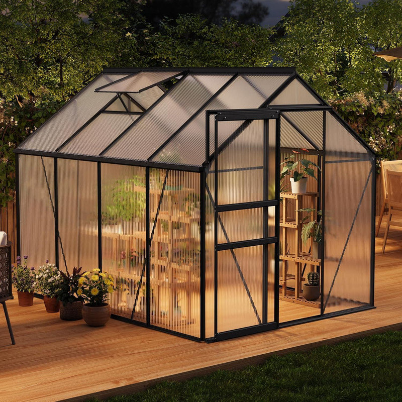 6x8 ft Walk-In Polycarbonate Greenhouse with Aluminum Frame, 4mm Twin-Wall Panels, Sliding Door, Adjustable Roof Vent and Rain Gutters for Backyard Garden