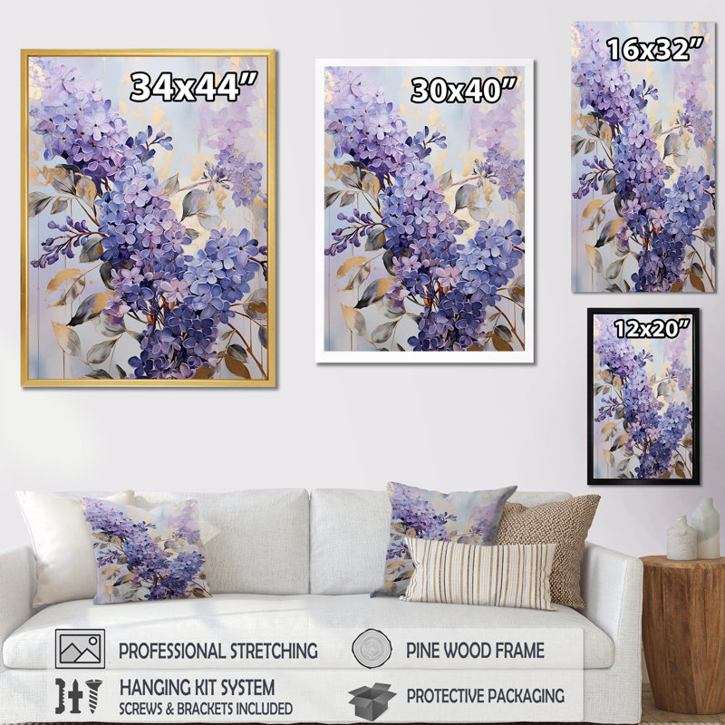 Décoration murale lilas pastel mauve et doré II - Lilas, H 32 po x l 16 po x P 1 po, Cadre simple argenté