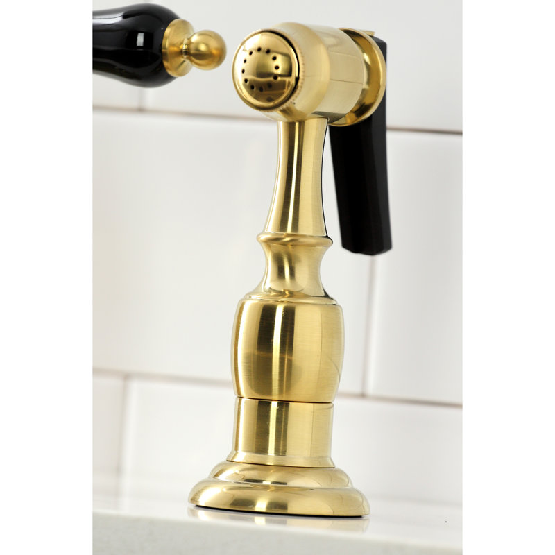 Kingston Brass Duchess Two-Handle 4-Hole Deck Mount Bridge Kitchen Faucet with Brass Side Sprayer, Brushed Brass