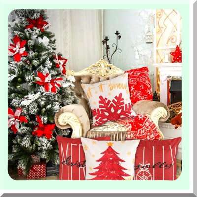 Winter Wonderland Pillow Cover Set - Red Merry Tree & Snowflake Design - Festive Gold Let it Snow Decor - Holiday Home Sofa Couch Cushion Case - Set of 4