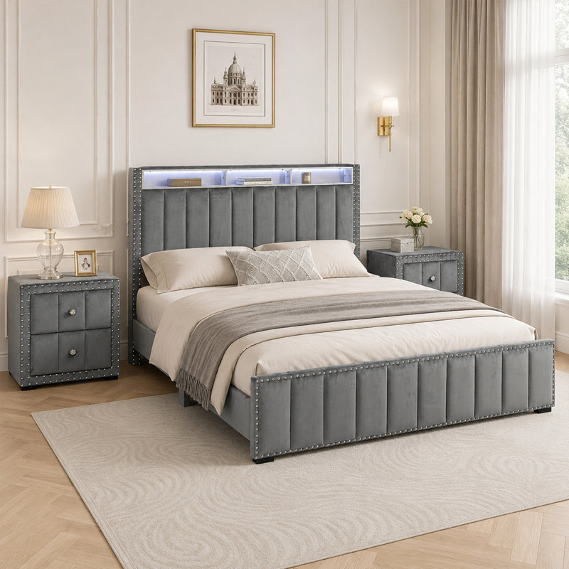 Modern 3-Pieces Bedroom Sets, Upholstered Platform Bed With Usb Charging Station & Led Lighting  And Two Nightstands, Queen
