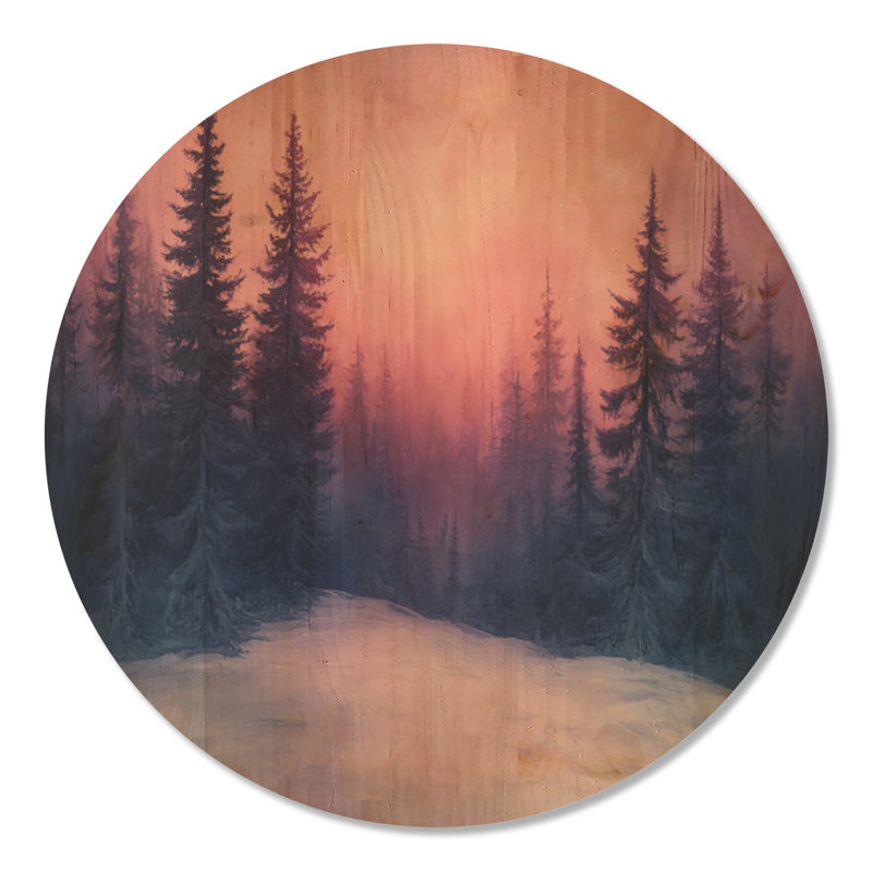 «Snowy Pines at Dusk II», art mural en bois forêt, 23" Round, Rond