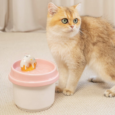 42oz Donut Shaped Pet Water Dispenser, Ceramic/Plastic Cat Fountain, Non-Spill, Filtered, Durable