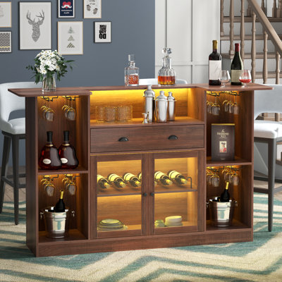 Kodeah 62.99'' Bar Table Cabinet with LED & Drawer, Mini Liquor Bar with 8-Tier Storage & Stemware Holder, Wine Alcohol Bar Stand with Glass Door & Adjustable Wine Rack, Crescent Shaped Counter for Home Pub